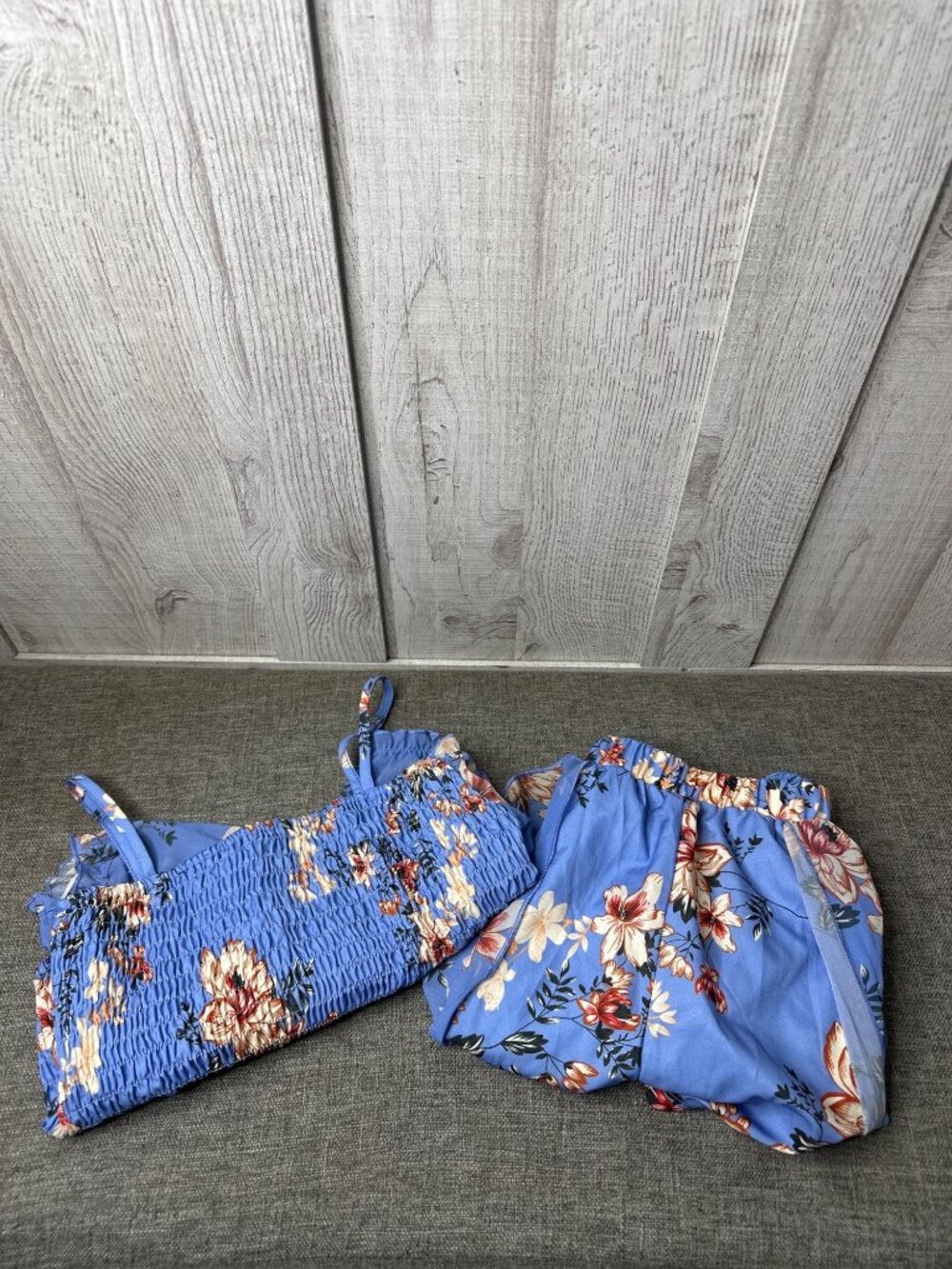 Blue Floral Smocked Crop Top & Sheer Skirt Short Set Girls 11-12 Flowy Fairycore